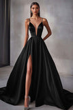 Navy Satin A Line Spaghetti Straps Long Prom Dress with Slit