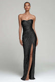 Sparkly Silver Strapless Sheath Holiday Party Dress With Slit
