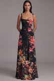 Floral Ruched Ivory Square Neck A Line Formal Dress