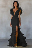 Yellow V-Neck Mermaid Ruffles Formal Dress with Slit