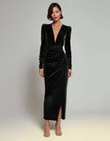 Velvet Sheath Olive V-Neck Ruched Choir Dress with slit