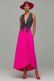 Orange And Fuchsia Colorblock V Neck A Line Formal Dress