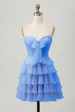 Yellow Strapless A Line Tiered Short Prom Dress with Bow