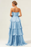 Blue A Line Strapless Tiered Satin Long Prom Dress