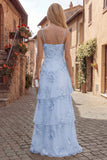 Yellow A-Line Spaghetti Straps Tiered Long Prom Dress with Floral Embroidery