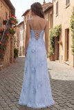 Yellow A-Line Spaghetti Straps Lace Up Back Long Prom Dress with Floral Embroidery