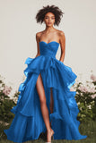 A Line Sweetheart Ruffled Navy Prom Dress with Front Slit