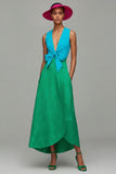 Orange And Fuchsia Colorblock V Neck A Line Formal Dress