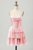 Yellow Strapless Corset A Line Tiered Cocktail Dress