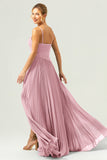 A-Line Spaghetti Straps Pleated Chiffon Eucalyptus Bridesmaid Dress with Slit