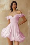A Line Ruffled Off the Shoulder Pleated White Graduation Dress