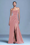 Strapless Burgundy Velvet A Line Formal Dress with Slit