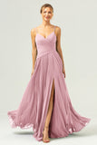 A-Line Spaghetti Straps Pleated Chiffon Eucalyptus Bridesmaid Dress with Slit