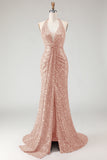 Sparkly Burgundy Mermaid Halter Sequin Long Prom Dress with Slit