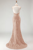 Sparkly Burgundy Halter Mermaid Sequins Long Prom Dress with Slit