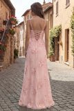 Yellow A-Line Spaghetti Straps Lace Up Back Long Prom Dress with Floral Embroidery