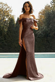 Gold Off The Shoulder Sheath Metallic Satin Prom Dress with Slit
