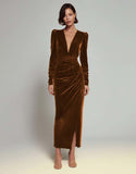 Velvet Sheath Olive V-Neck Ruched Choir Dress with slit