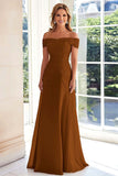 Elegant Taupe Off the Shoulder Chiffon Sheath Long Mother of the Bride with Lace Appliques