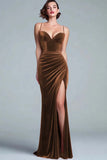 Burgundy Mermaid Velvet Spaghetti Straps Long Formal Dress with Slit