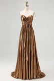 Sparkly Golden A Line Sweetheart Metallic Satin Pleated Long Prom Dress