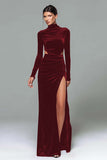Black Velvet High Neck Long Sleeves Holiday Party Dress with Slit