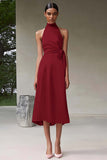 Pink A Line Halter Tea Length Satin Formal Dress