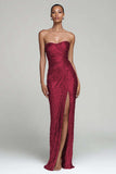 Sparkly Silver Strapless Sheath Holiday Party Dress With Slit
