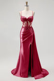 Champagne Mermaid Sheer Corset Beaded Side Streamer Long Prom Dress with Slit