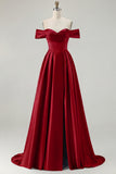 Blue A-Line Off The Shoulder Satin Long Bridesmaid Dress with Slit