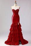 Red Mermaid Ruffled Sweetheart Beaded Corset Long Prom Dress with Slit