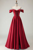 Off The Shoulder Purple A Line Beaded Long Satin Prom Dress with Slit