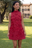 Hot Pink High Neck A-Line Homecoming Dress with 3D Flowers