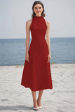 Simple Ivory High Neck Satin Midi Engagement Dress