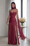 Dusty Sage Strapless A Line Pleated Long Formal Dress with Slit