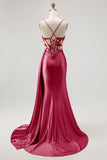 Champagne Mermaid Sheer Corset Beaded Side Streamer Long Prom Dress with Slit