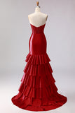 Red Mermaid Ruffled Sweetheart Beaded Corset Long Prom Dress with Slit
