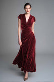 Velvet Caramel Ruched V Neck Long Holiday Party Dress