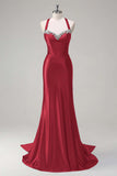 Sparkly Dark Green Mermaid Halter Corset Sequin Prom Dress
