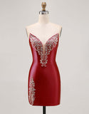Fuchsia Strapless Beaded Bodycon Short Prom Dress with Slit