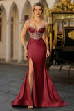 Dusty Blue Mermaid Beaded Corset Sequins Long Prom Dress with Slit