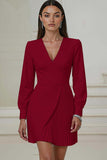 Ivory V-Neck Pleated Work Dress with Long Sleeves