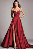 Dusty Sage Strapless A Line Ruched Satin Long Prom Dress with Slit