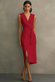 White Satin V-Neck Formal Dress with Belt