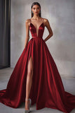 Navy Satin A Line Spaghetti Straps Long Prom Dress with Slit
