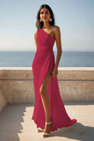 One Shoulder Ruched Ivory Maxi Sheath Beach Engagement Dress with Slit