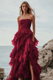 Fuchsia Ruffle A Line Strapless Long Formal Dress with Slit