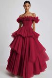 Dusty Sage Off The Shoulder A Line Ruffles Prom Dress