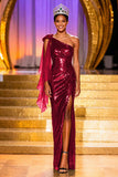Sparkly Dark Green Sequin Mermaid One Shoulder Long Pageant Dress with Slit