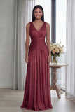 Dusty Rose V Neck A Line Pleated Long Formal Dress